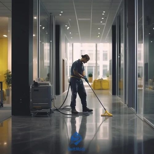 Employé nettoyant un bureau